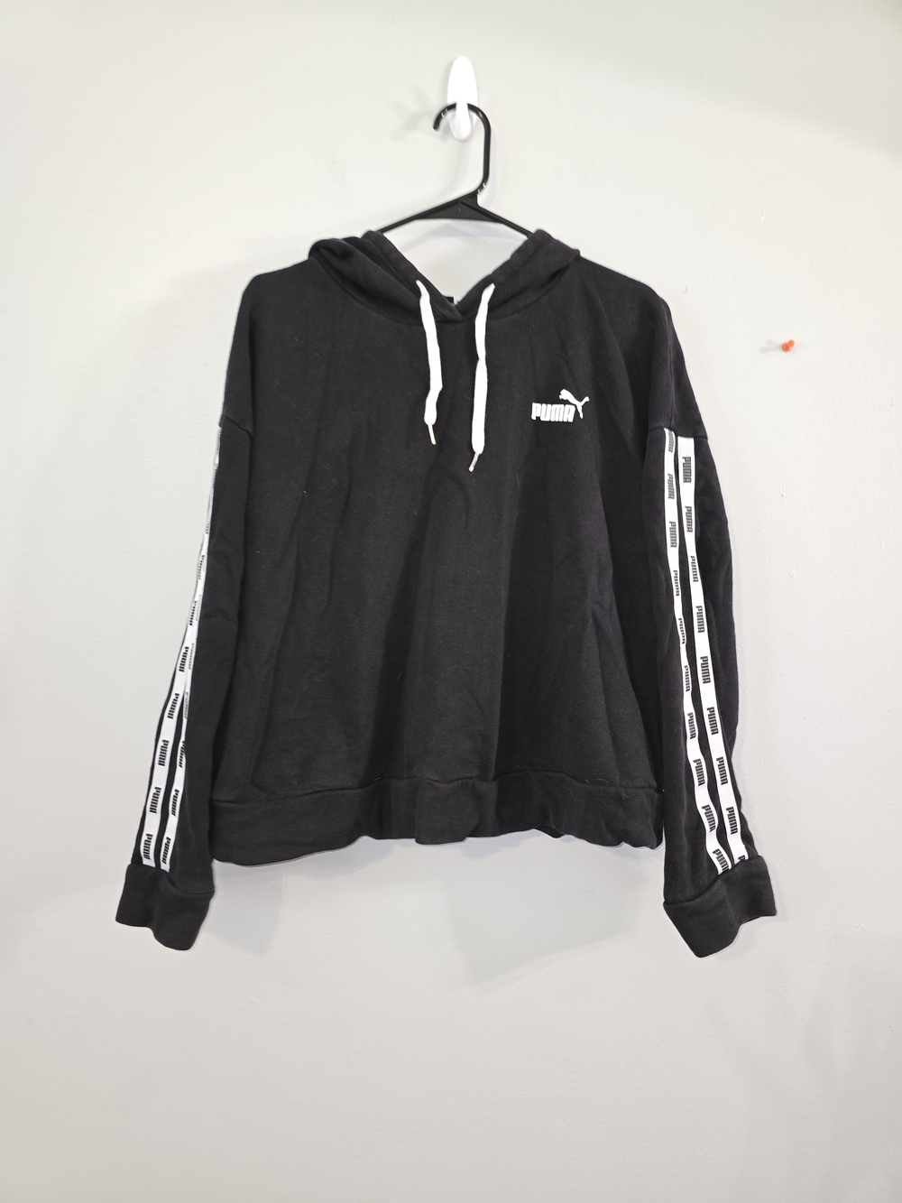 Puma Black Cropped Hoodie with White Logo Stripe Sleeves